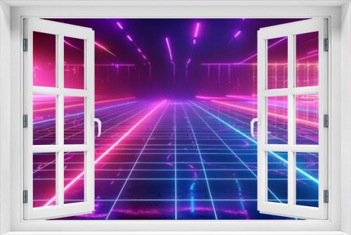 Futuristic neon lights in a retro wave grid background. Vibrant and glowing lines creating a digital, virtual, and sci-fi atmosphere.
