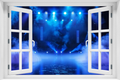 illuminated stage with blue lights and smoke on black background concert theater performance show event concept realistic 3d illustration