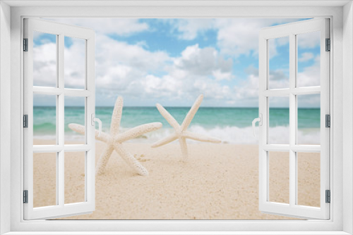 Fototapeta Naklejka Na Ścianę Okno 3D - white starfish on white sand beach, with ocean sky and seascape