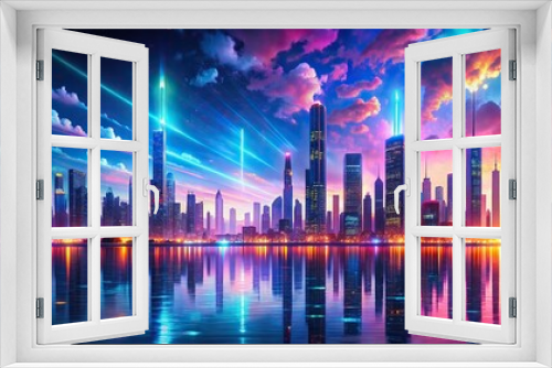 Beautiful colorful cyberpunk city skyline with changing sky, shifting lights, and rippling water. Looping animated background perfect for VJ, Vtuber, or streamer backdrop, cyberpunk