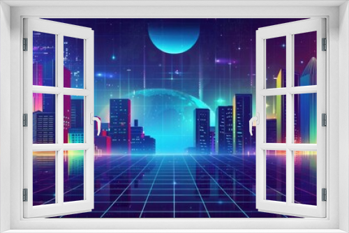 A neon cityscape with glowing lines and holographic buildings, set against an endless grid of digital landscapes. The background features futuristic skyscrapers under the glow of stars or moons, creat