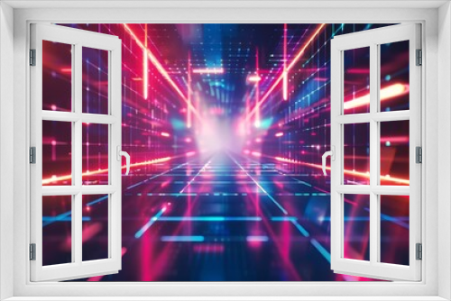 futuristic digital 3d background with copy space abstract geometric shapes and neon grid lines hitech virtual reality concept illustration