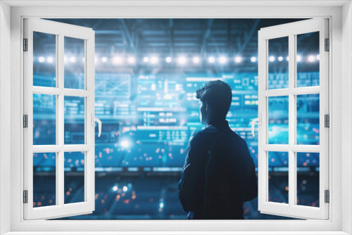 A man stands in front of a large screen displaying a sports game