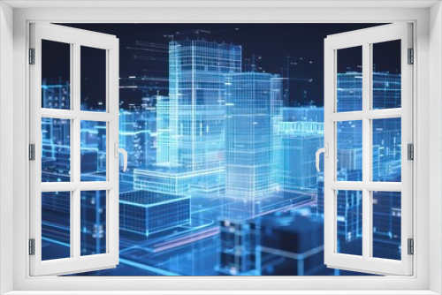 architectural building tridimensional model in x ray with light blue laser lines on a dark background
