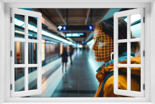 Woman's face with futuristic digital overlays, set against the backdrop of a subway station, illustrates the seamless integration of technology with human perception in an everyday urban setting.