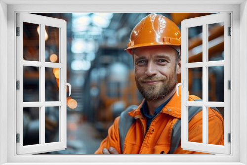 portrait of smiling professional heavy industry engineer worker wearing safety uniform and hard hat .stock illustration