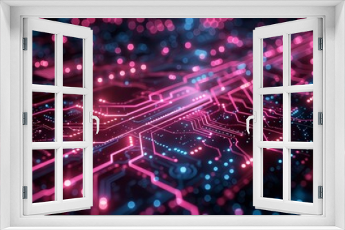 Futuristic digital circuits with neon lights and dark background,
