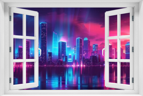 A futuristic city skyline with neon lights reflecting in the water.