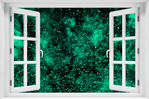 Fototapeta Naklejka Na Ścianę Okno 3D - Abstract light mint color dynamic particles with soft blue clouds on dark background. Night sky with blue storm cloud. Blue painted powder explosion with Bright Blue space nebula.