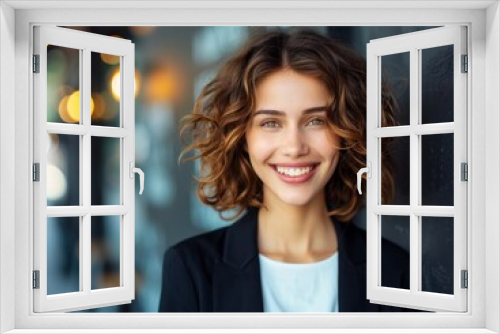 A cheerful young businesswoman with curly hair smiling outdoors, dressed in a professional black blazer and white top.