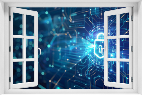  illustration showcasing cyber technology security network protection with lock icon and digital elements blue tech background emphasizing secure connections 