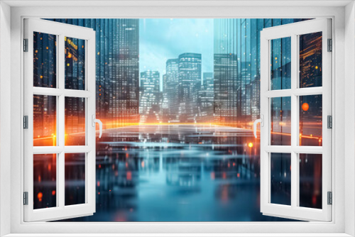 high tech building background, Modern tech office with digital innovation features, cityscape night light ratio 7:2 banner cover