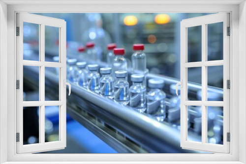 Vials traveling on a conveyor, cleanroom factory setting, focus on machinery and vials.