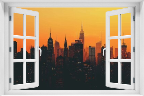 A panoramic view of city buildings in black silhouette against a sunset orange background, capturing urban beauty