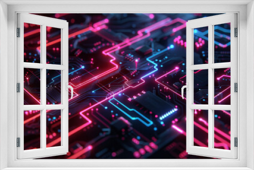 A digital circuit board with glowing neon lines and dark, futuristic elements, creating an atmosphere of advanced technology and innovation.