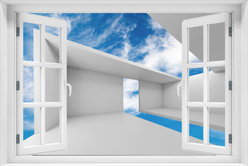 Fototapeta Naklejka Na Ścianę Okno 3D - 3d empty white futuristic interior and blue sky