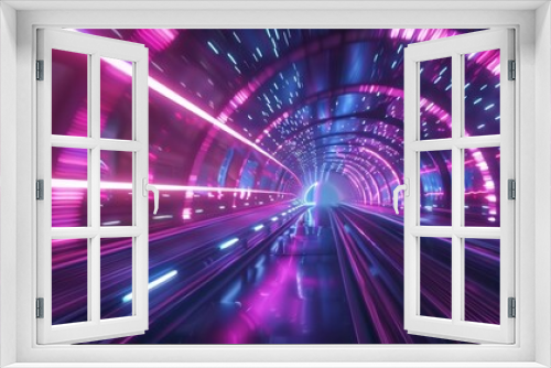A futuristic tunnel with vibrant neon lights creating a fast-paced, sci-fi atmosphere, suggesting high speed and digital innovation.