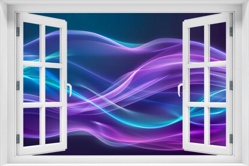 Abstract digital art with flowing, colorful waves in shades of blue, purple, and pink against a dark background.
