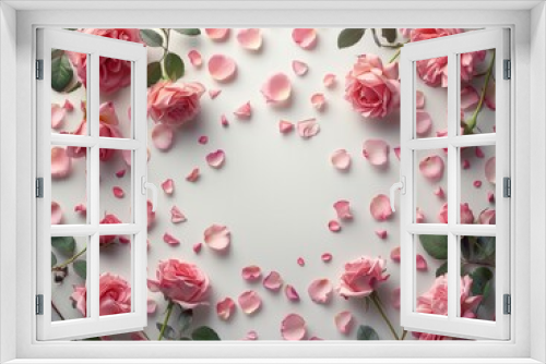 Pink roses and petals on a white background, creating a romantic and elegant floral arrangement.