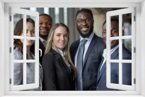 Business professionals smiling for photo in tall structure