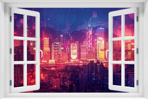 Modern city skyline with glowing digital networks and neon lights
