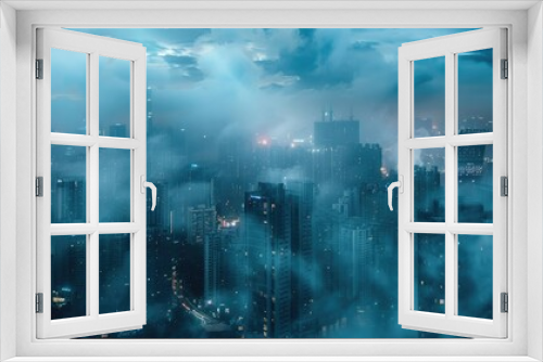 Misty foggy blue stormy night sky over a vast panoramic view of a city skyline - stormy weather - emblematic cityscape