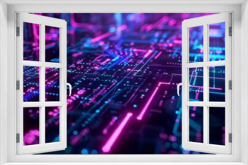 A vibrant, high-tech circuit board with glowing neon lines and nodes in blue and pink hues, representing advanced technology, innovation, and futuristic digital connectivity