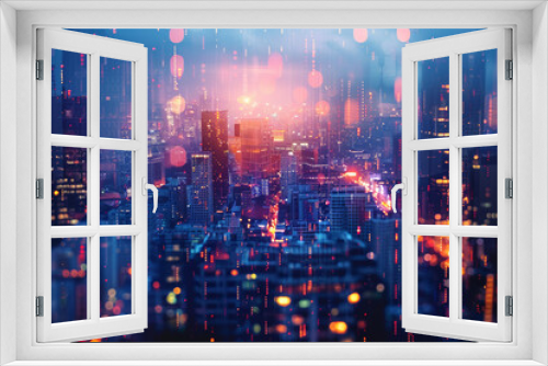 A futuristic cityscape at dusk with glowing skyscrapers and digital overlay, representing technology advancement and urban life. Perfect for modern themes.