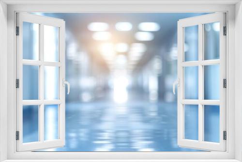 Blurred Abstract Background of a Modern, Brightly Lit Office Hallway with Smooth, Reflective Flooring