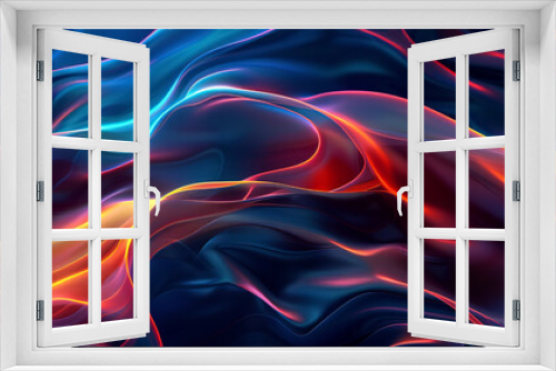 Abstract background with colorful wavy lines and glowing dots on dark blue, orange and red colors. Concept of sound waves, music or audio waves in digital space in the style of digital art