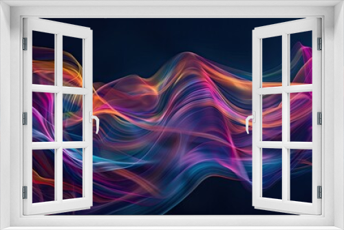 Dynamic graphic light waves, flowing and intertwining in vibrant colors on a dark backdrop