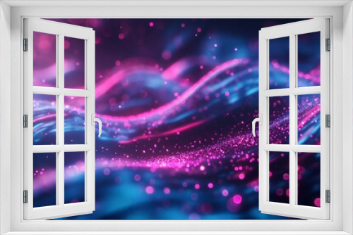 Abstract backdrop featuring pink and blue neon lines and bokeh effects. Concept of data transfer. Digital wallpaper.