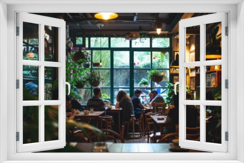 a group of people sitting at tables in a restaurant, a group of people sitting at tables in a restaurant, poetry slam gathering in a cozy cafe