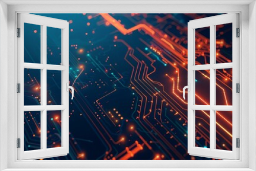 Gray Red Orange Cyan abstract background with digital glowing lights and circuit board elements on a dark blue background, high quality 3D rendered illustration of an abstract futuristic technology