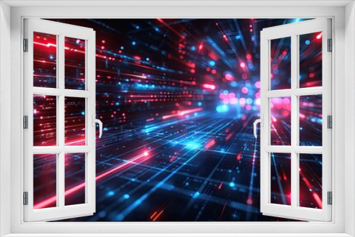 Dynamic abstract image of red and blue light trails representing high-speed data transfer in a digital network..