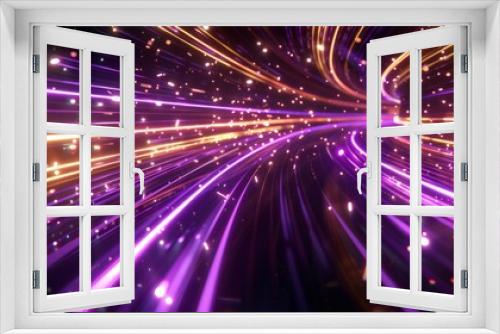 Vibrant abstract background with streaks of light in motion, creating a dynamic and futuristic visual effect in purple and orange hues.