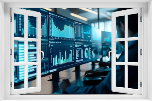 Businessperson analyzing financial data on multiple monitors in a modern office setting, highlighting stock market trends and economic analysis.