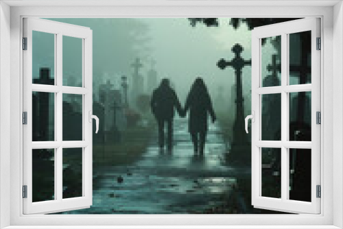 Two people walk hand-in-hand along a path in a cemetery shrouded in fog as the sun sets