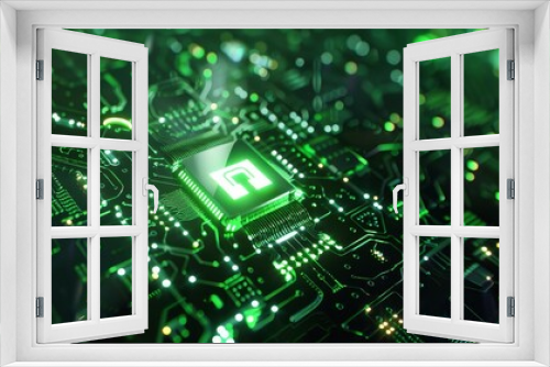 Digital lock shield green light futuristic circuit board selective focus vibrant double exposure tech security