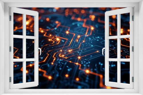 Futuristic Circuit Board with Glowing Orange and Blue Lines Representing Advanced Technology and Digital Connectivity