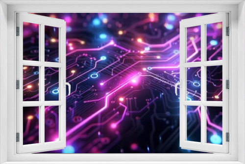 Glowing neon circuit patterns, futuristic, neon blue and purple, vector art, ideal for tech product announcements