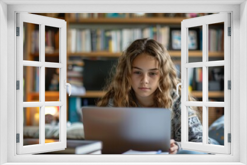 Female using laptop in library