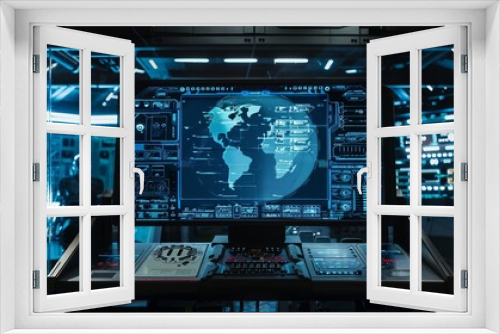 Transparent holographic screen in a scifi control room, front view, demonstrating nextgen technology, futuristic tone, Tetradic color scheme