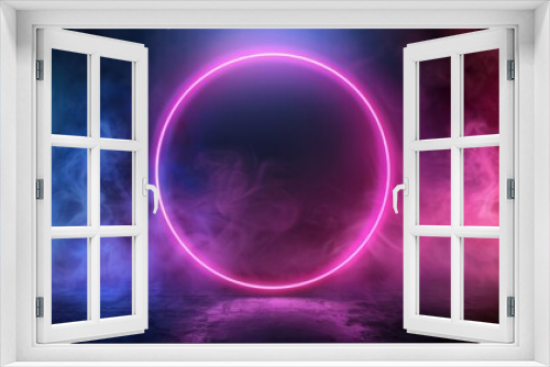 With twinkles and cloudy haze you see a neon luminous ring frame with cloud and smoke effects. A realistic modern illustration of a glowing pink and blue fog effect on a dark background.