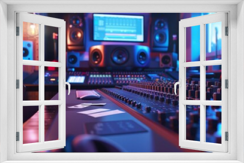 Immersive Sound Professional Audio Mixing Studio with Blank Business Cards Mixing Boards Monitors and Headphones