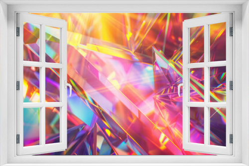 Vibrant holographic abstract background with colorful light rays and crystal shapes