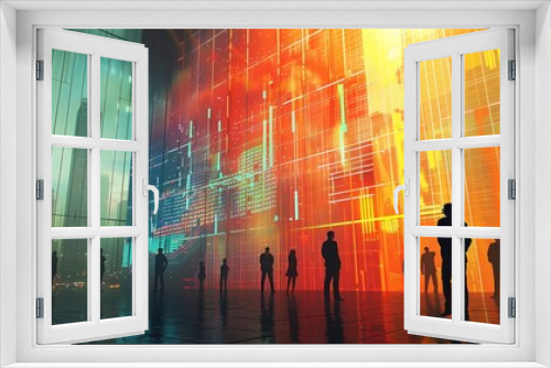 Heat exchanger holographic of A silhouette of businesspeople standing around a massive statistical graph projected onto a skyscraper, with a breathtaking cityscape as a backdrop, emphasizing scale
