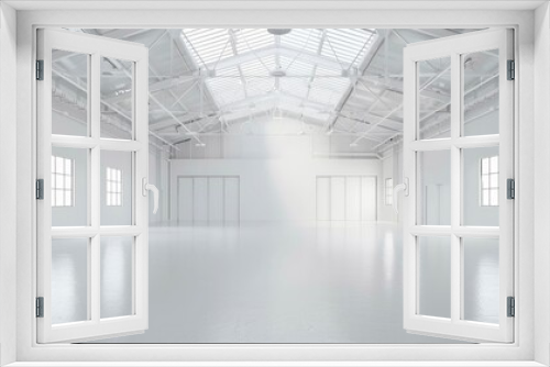 Pristine white warehouse with an open, empty interior and a clean white background, suitable for industrial applications