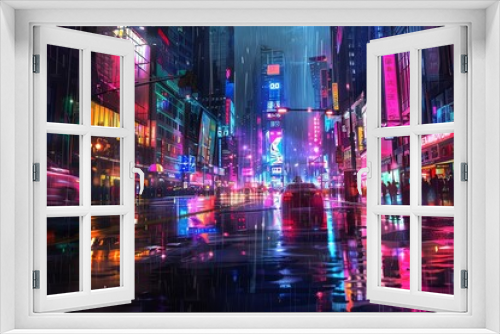 A rainy night in the city. The neon lights of the skyscrapers are reflected in the wet streets.