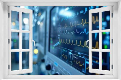 EKG monitor showing heartbeats Intensive care unit background 